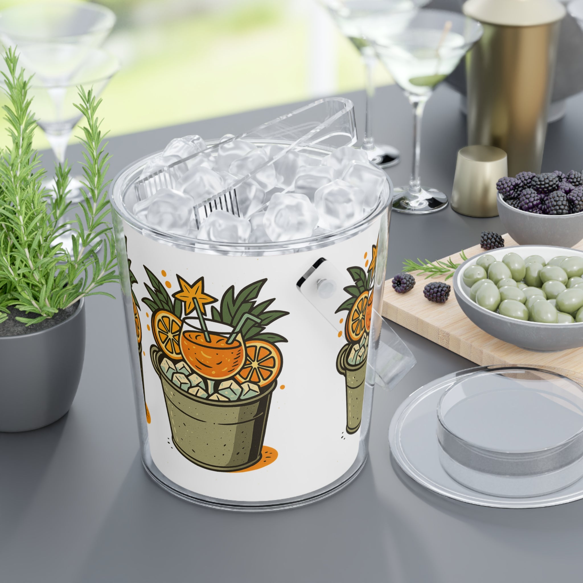 Tropical Cocktail Ice Bucket with Tongs – Pineapple Orange Drink Design