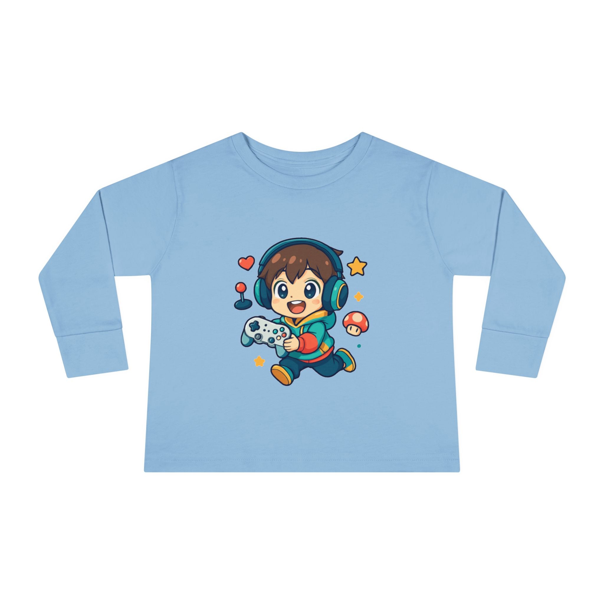 Kids Gamer Tee — Cute Cartoon Boy with Controller Long Sleeve Toddler Shirt
