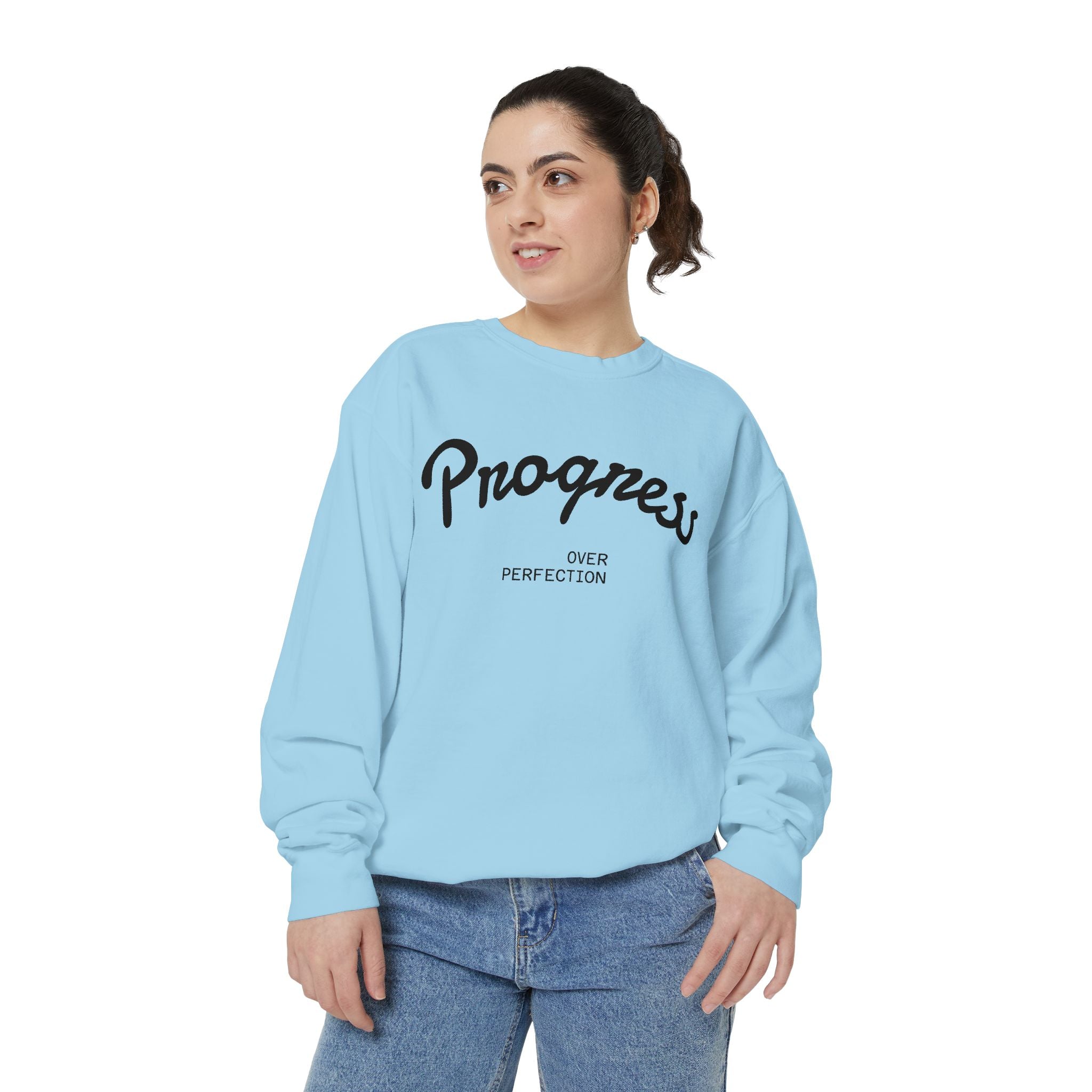Progress Over Perfection Sweatshirt — Minimal Embroidered Motivational Crewneck