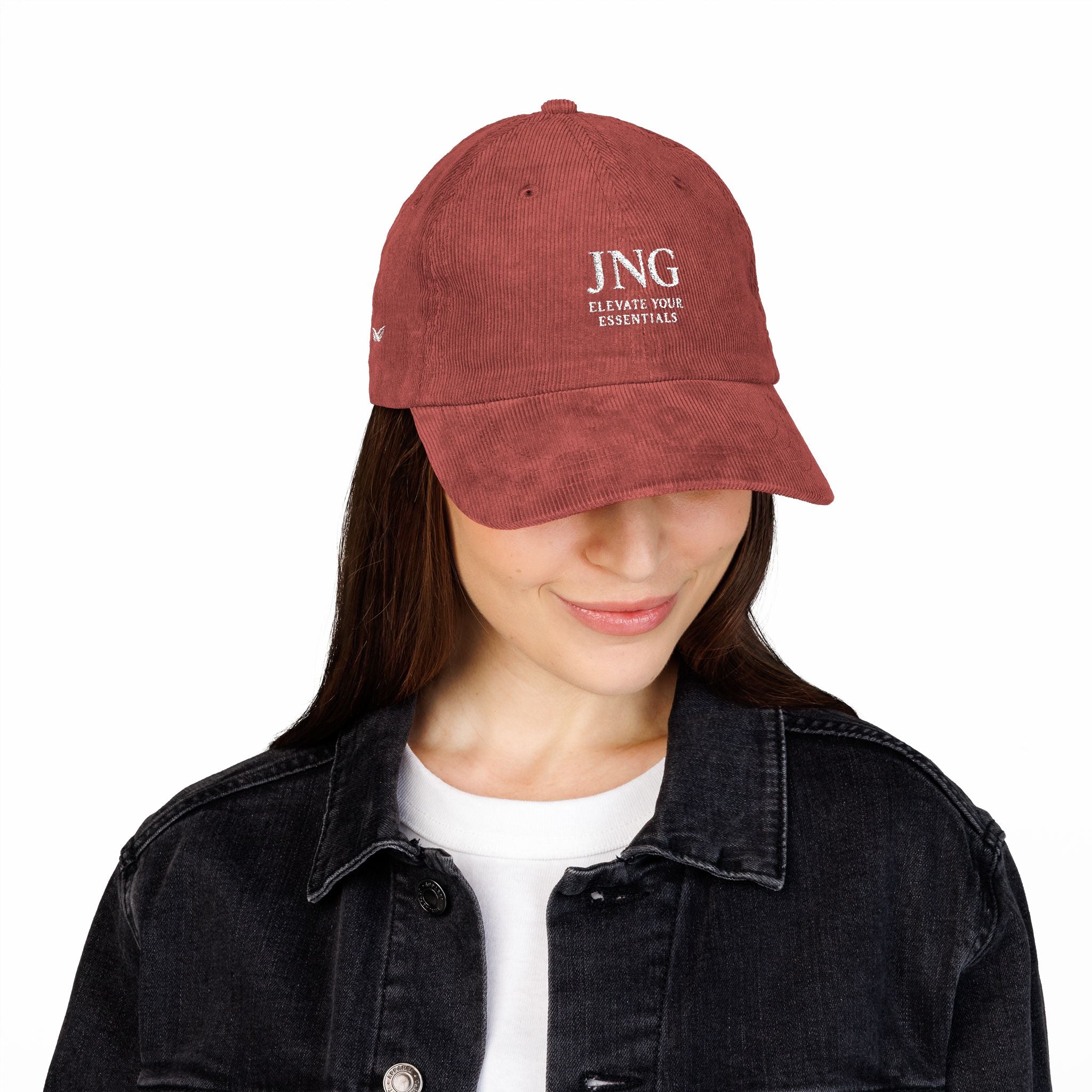 Vintage Corduroy Embroidered Cap — JNG "Elevate Your Essentials" Rust Dad Hat