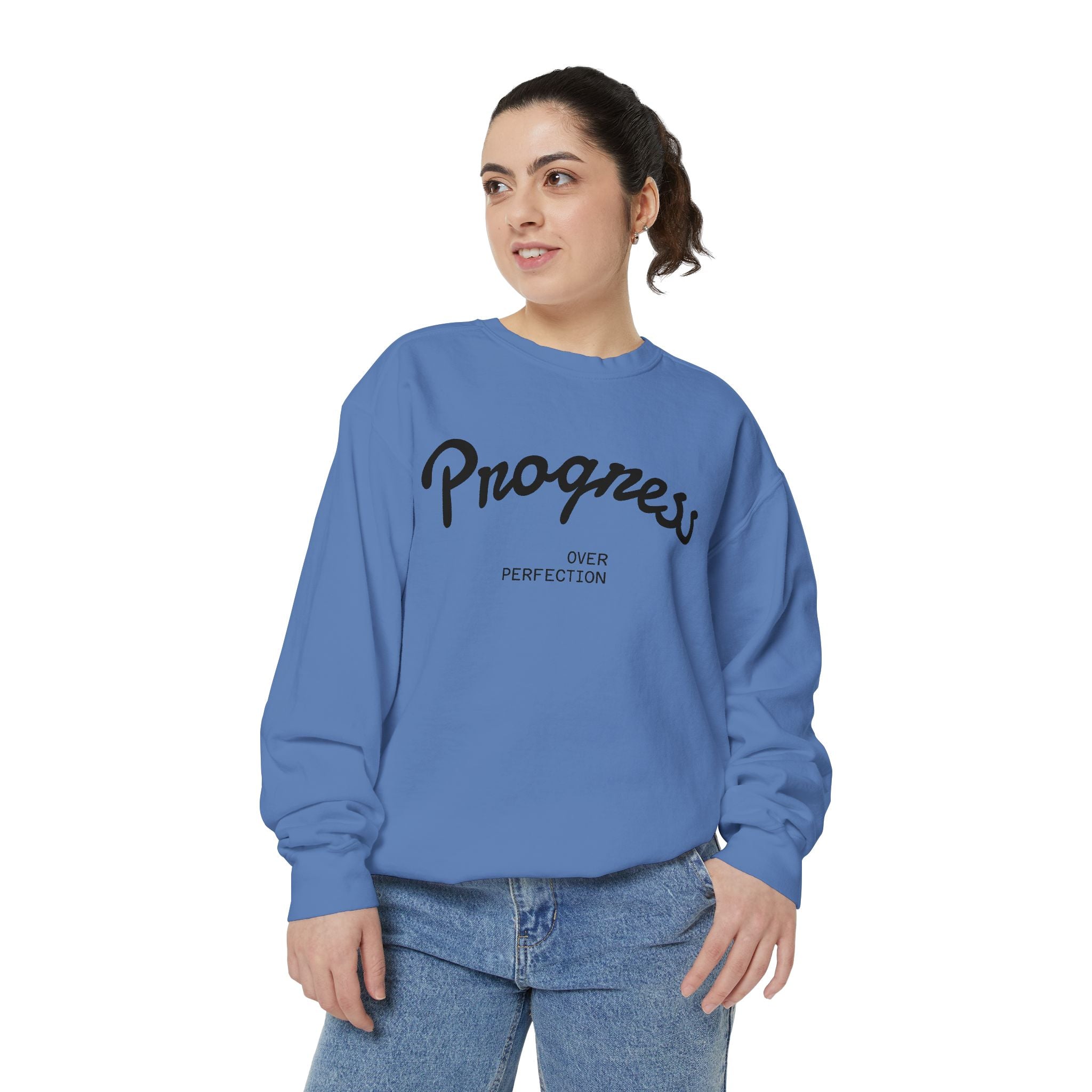 Progress Over Perfection Sweatshirt — Minimal Embroidered Motivational Crewneck