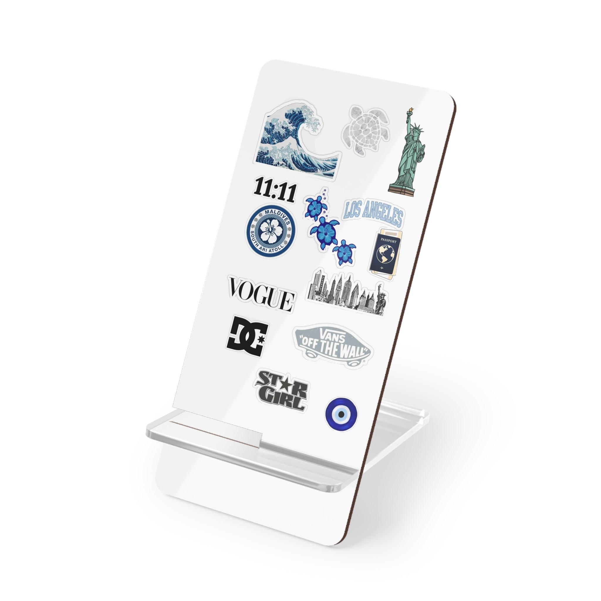 Acrylic Phone Stand with Sticker Collage Design — Foldable Mobile Display Stand