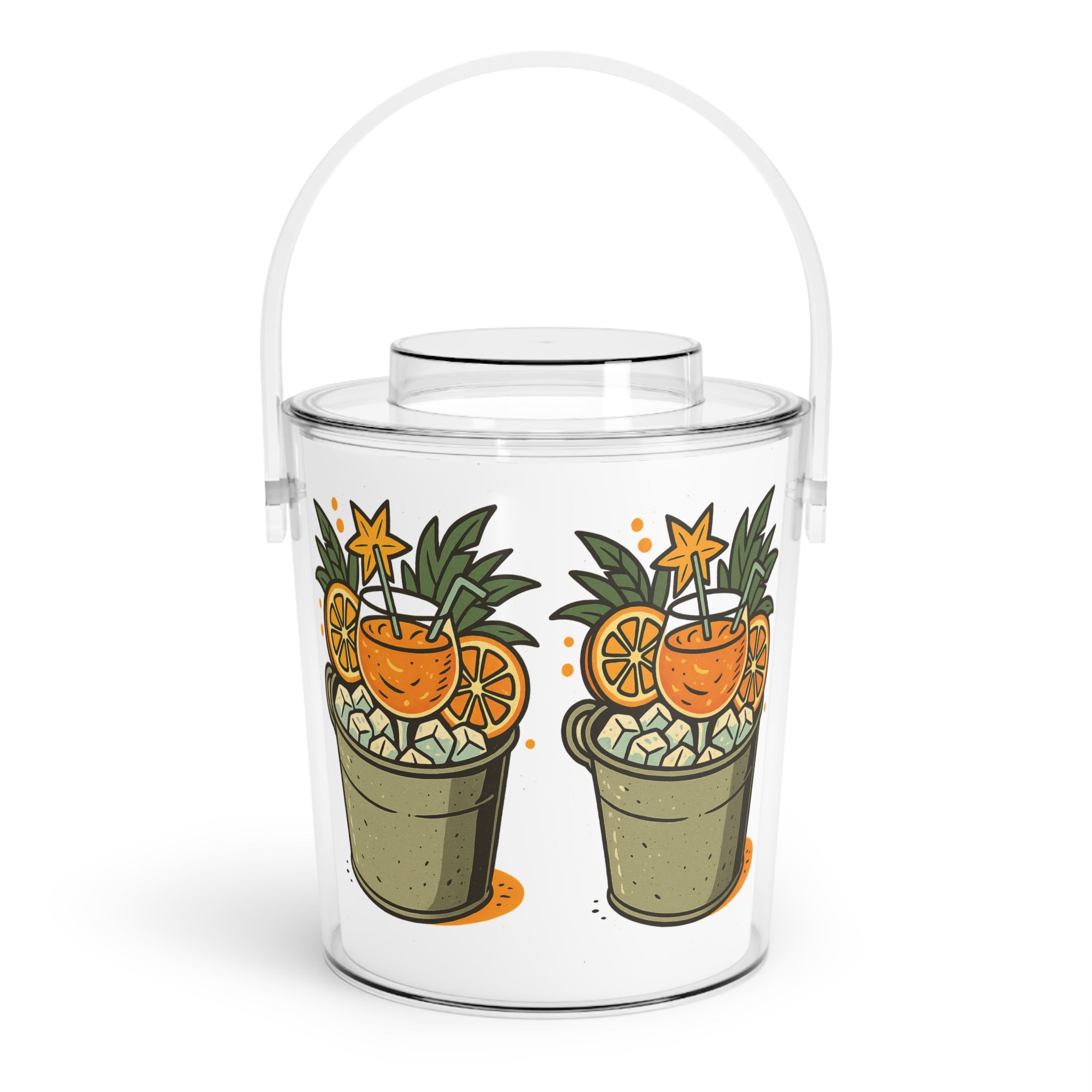 Tropical Cocktail Ice Bucket with Tongs – Pineapple Orange Drink Design